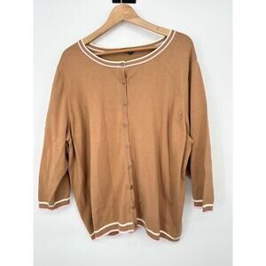 Talbots Cardigan Button Sweater Size 2X Tan Striped Trim Preppy Tennis Varsity